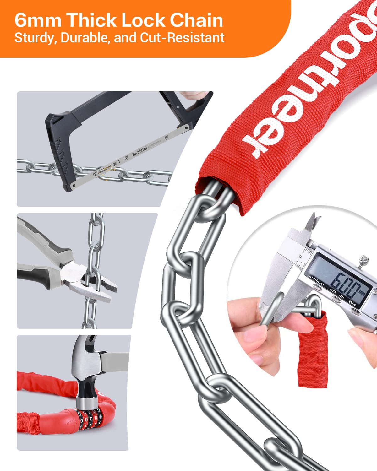 Sportneer Bike Lock: 5 Digit Combination High Security Anti Theft Bike Chain Lock - 3.2/3.6/4ft Heavy Duty Keyless Bicycle Lock for Bike, Motorcycle, Scooter, Door & Gate - 4/6mm Thick, Easy to Use