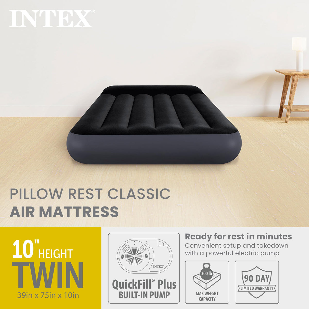 INTEX 64149ED Dura-Beam Standard Pillow Rest Air Mattress: Fiber-Tech – Queen Size – Built-in Electric Pump – 10in Bed Height – 600lb Weight Capacity