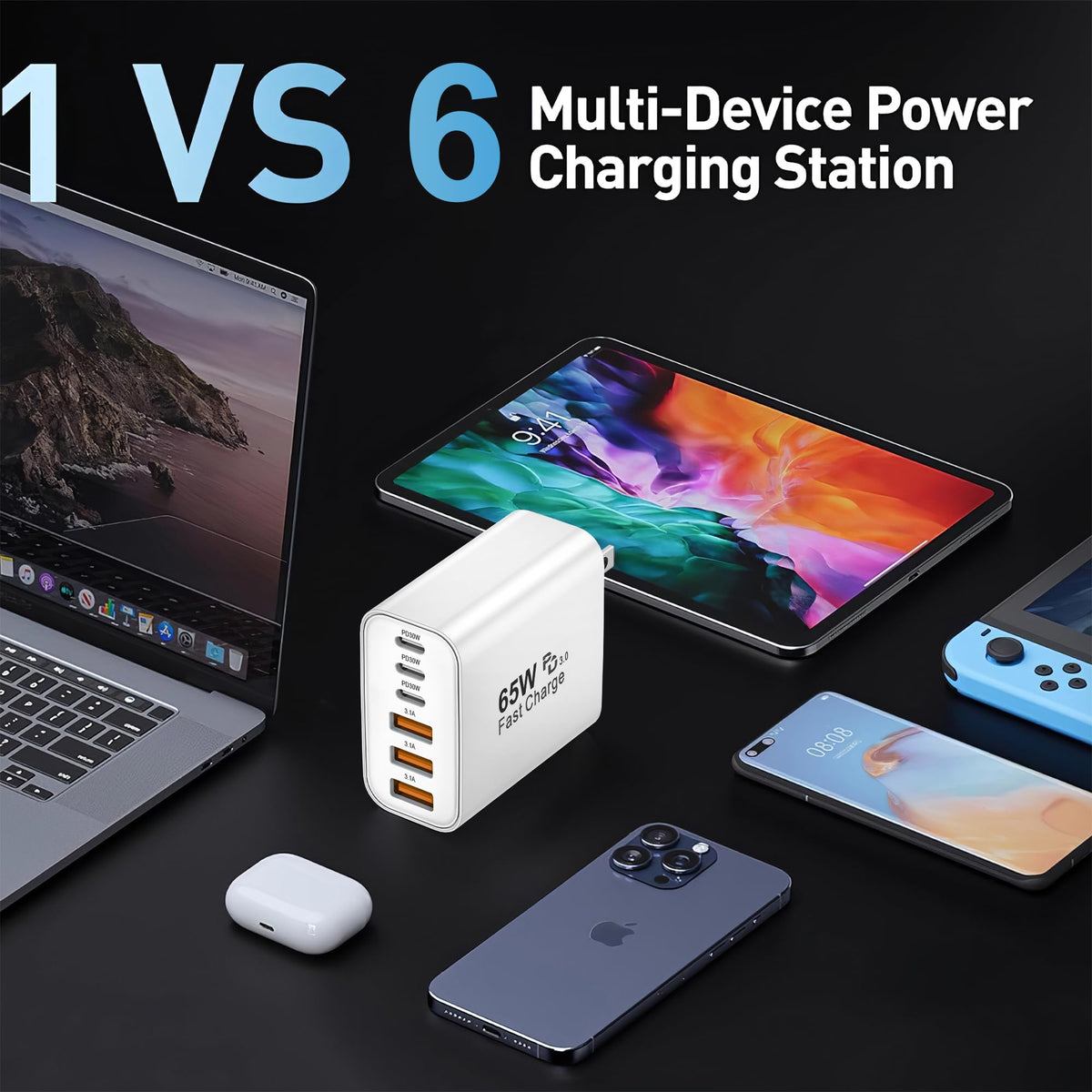 65W USB C Charger Block,6-Port Multi Device Fast Charger PD QC Wall Adapter