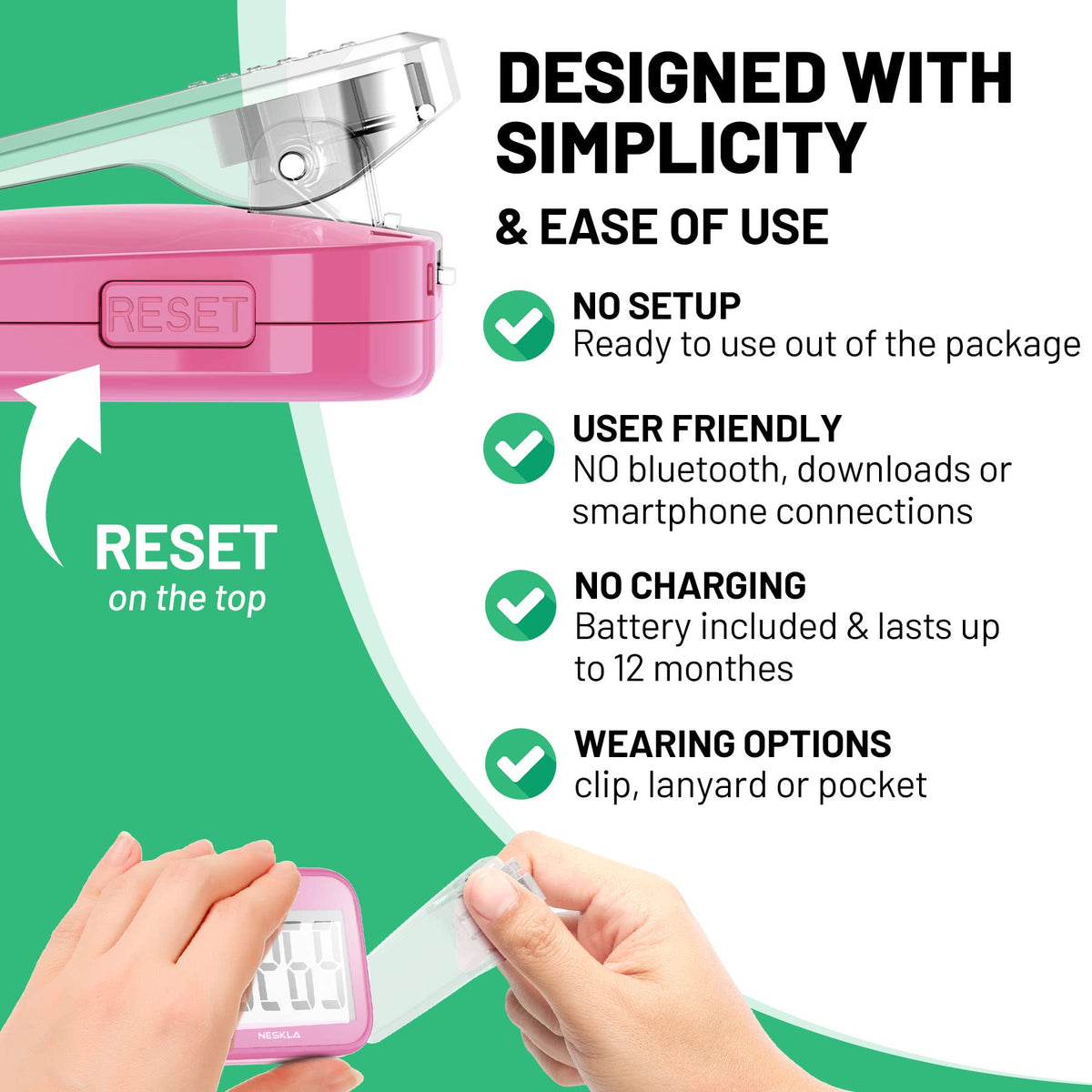 3D Pedometer, Simple Step Counter with Large LCD Display for Walking