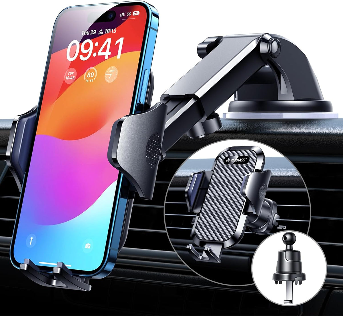 VANMASS Car Phone Holder 2026 Ultimate Military-Grade Strongest Suction & Clip Windshield Dashboard【Newest Best Strongest】 Cell Phone Automotive Dash Gauge Accents for iPhone 18 Pro Max 17 16 15 14