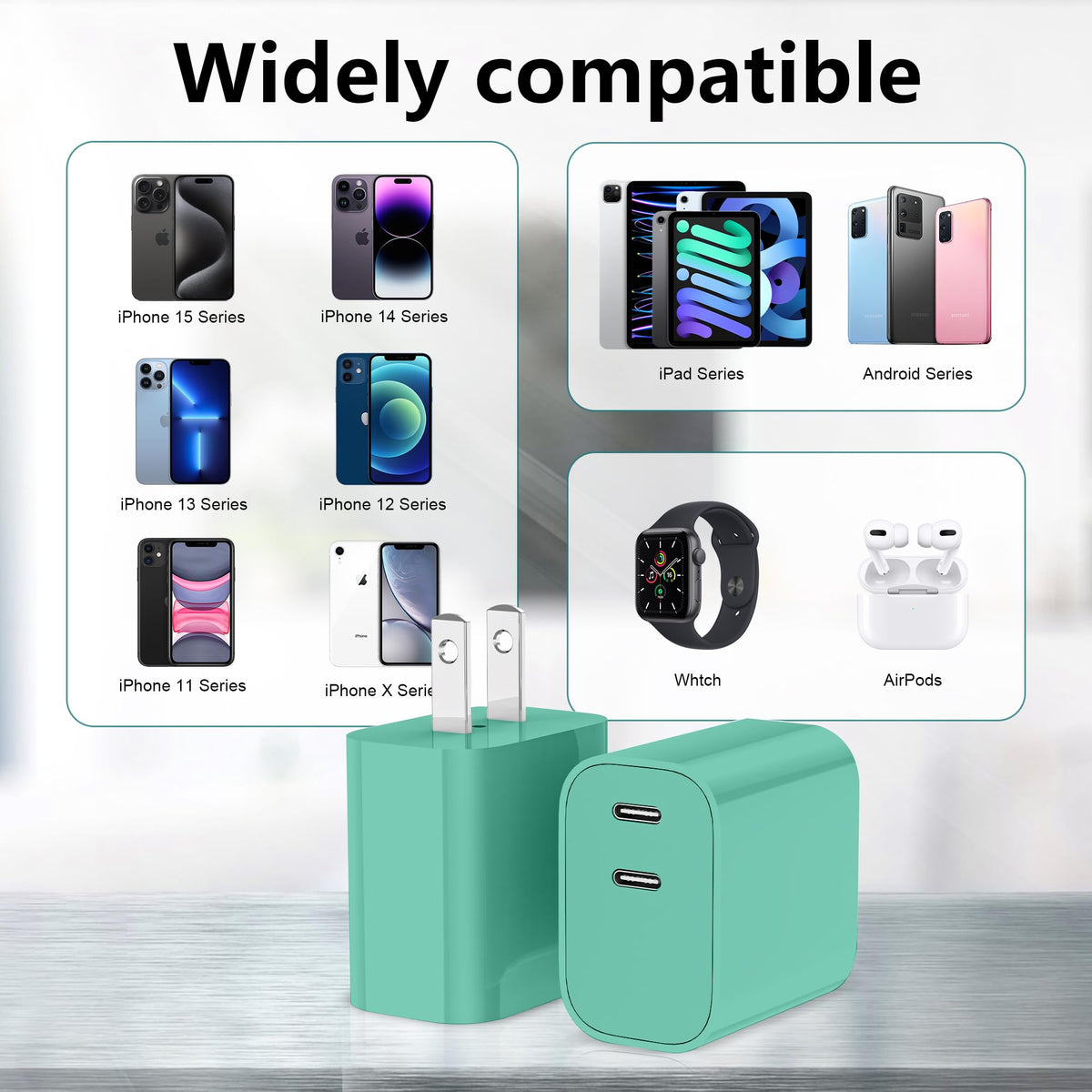 USB C Charger Block 3 Pack, Dual Port 20W Fast Wall Plug (Blue)