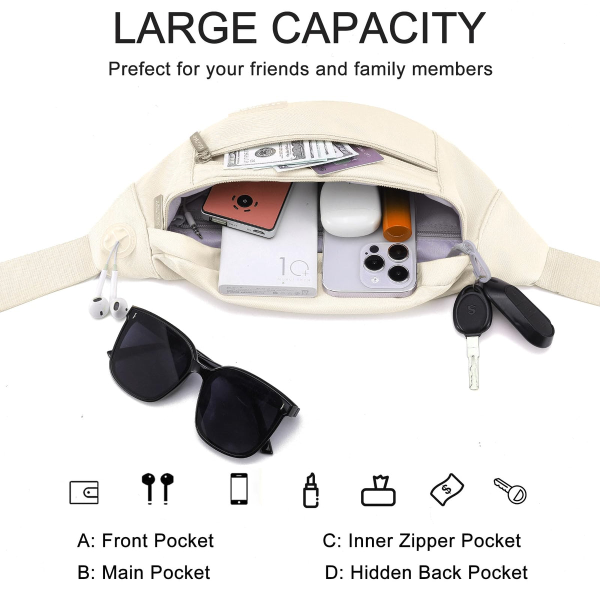 MAXTOP Large Fanny Pack for Women Men Crossbody Bag with 4-Zipper Pockets
