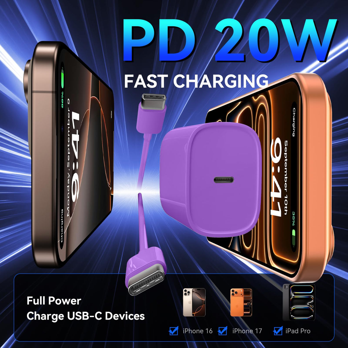 iPhone 18 17 16 Pro Max Charger Fast Charging, 20W iPhone Duo USB C Charger