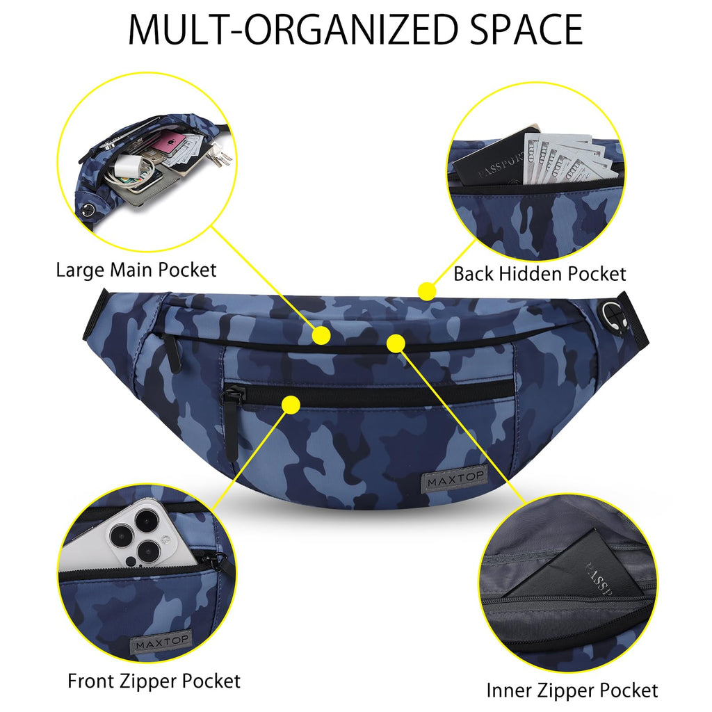 MAXTOP Large Fanny Pack for Women Men Crossbody Bag with 4-Zipper Pockets
