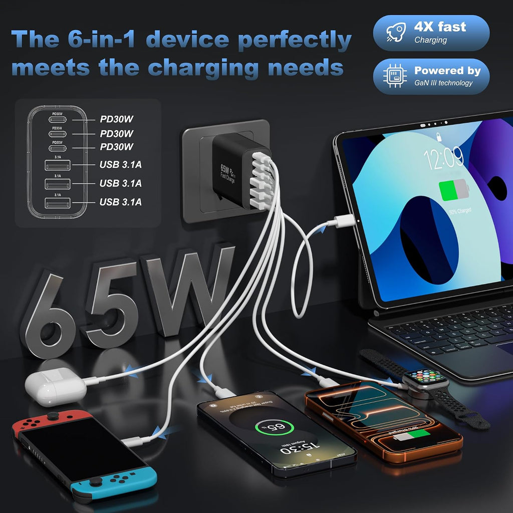 65W USB C Charger Block,6-Port Multi Device Fast Charger PD QC Wall Adapter