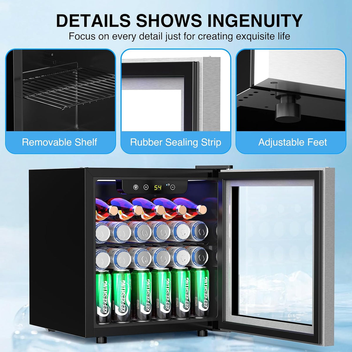 Kismile Beverage 36L Refrigerator Cooler Mini Fridge,1.3 Cu.Ft Drink Fridge for 12 Bottle 50 Can with Quiet Compressor,LED Light,Electronic Temperature Control for Home/Bar/Office
