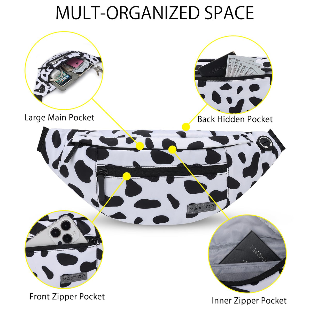 MAXTOP Large Fanny Pack for Women Men Crossbody Bag with 4-Zipper Pockets