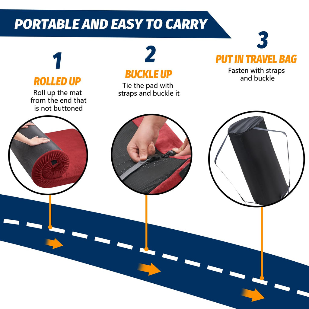 CYMULA Memory Foam Camping Mattress Pad, Sleeping Mat, Portable Roll Up Mattress for Adults, Camping Bed Pads for Sleepover, Car Bed with Travel Bag