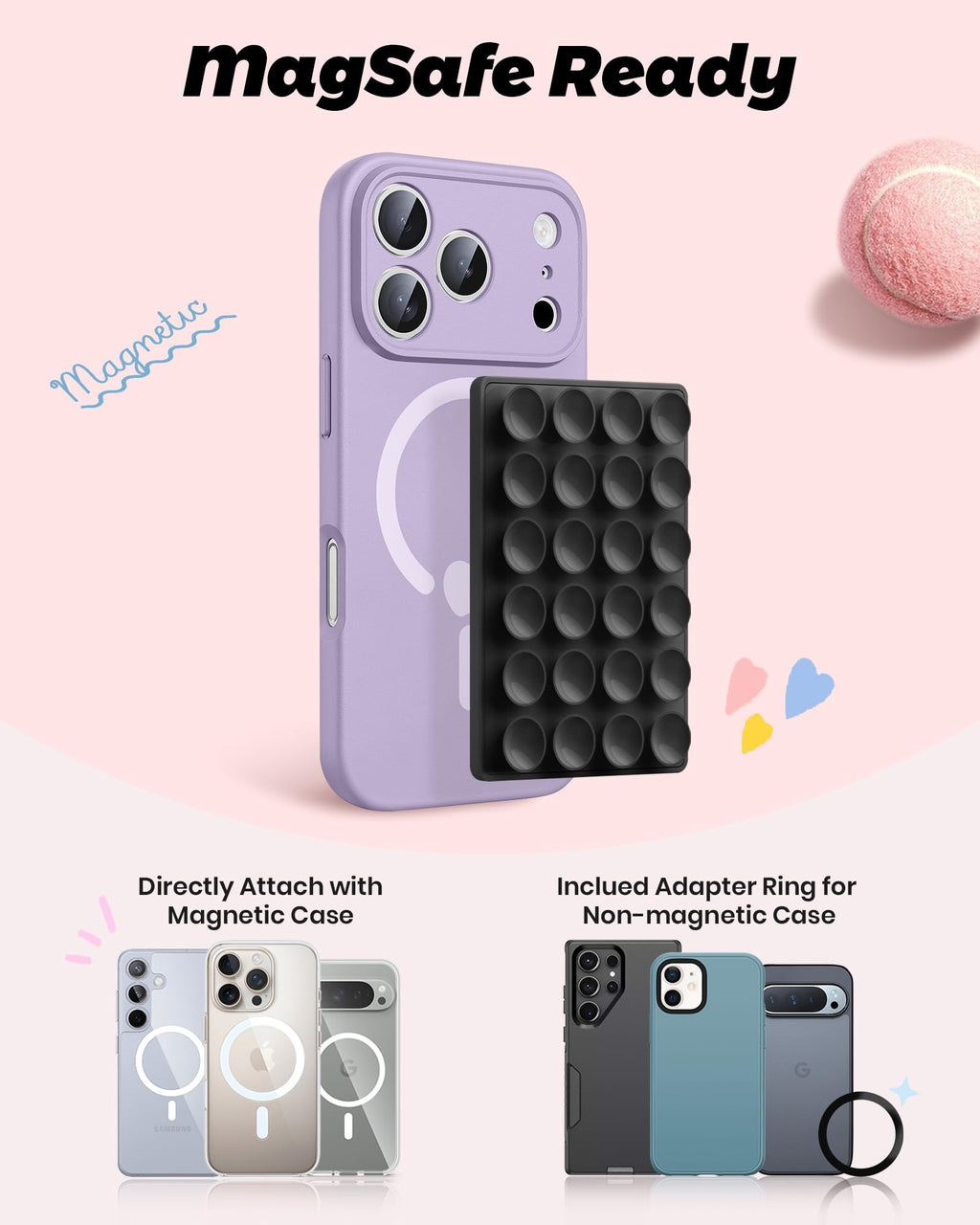 amBand Magnetic Sticky Phone Suction Grip for MagSafe, Removable for Wireless Charging, Durable Magnet Silicone Portable Mount Stand for iPhone 18 17 16 15 14 13 Series, Hands-Free Video/Selfie, Black