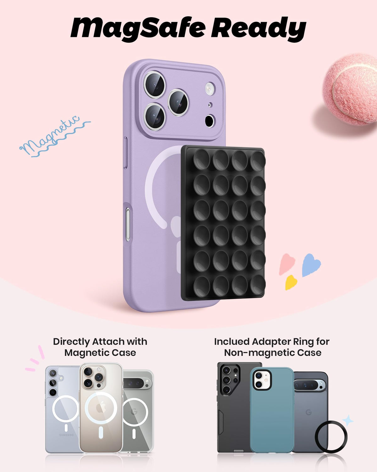 amBand Magnetic Sticky Phone Suction Grip for MagSafe, Removable for Wireless Charging, Durable Magnet Silicone Portable Mount Stand for iPhone 18 17 16 15 14 13 Series, Hands-Free Video/Selfie, Black