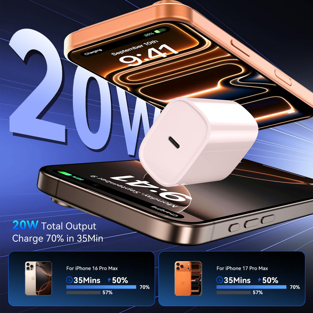 iPhone 18 17 16 Pro Max Charger Fast Charging, 20W iPhone Duo USB C Charger