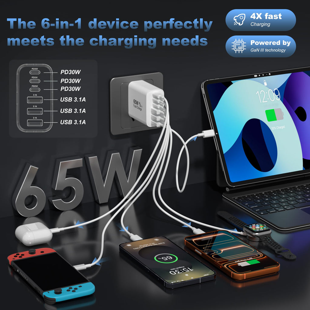 65W USB C Charger Block,6-Port Multi Device Fast Charger PD QC Wall Adapter