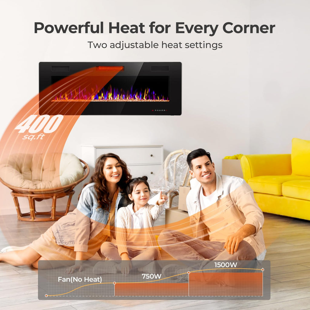 Crzoe 42 Inch Electric Fireplace Insert, in-Wall Recessed and Wall Mounted Heater with Timer, Control by Touch Panel and Remote, Adjustable Flame Color and Speed, 750W/1500W