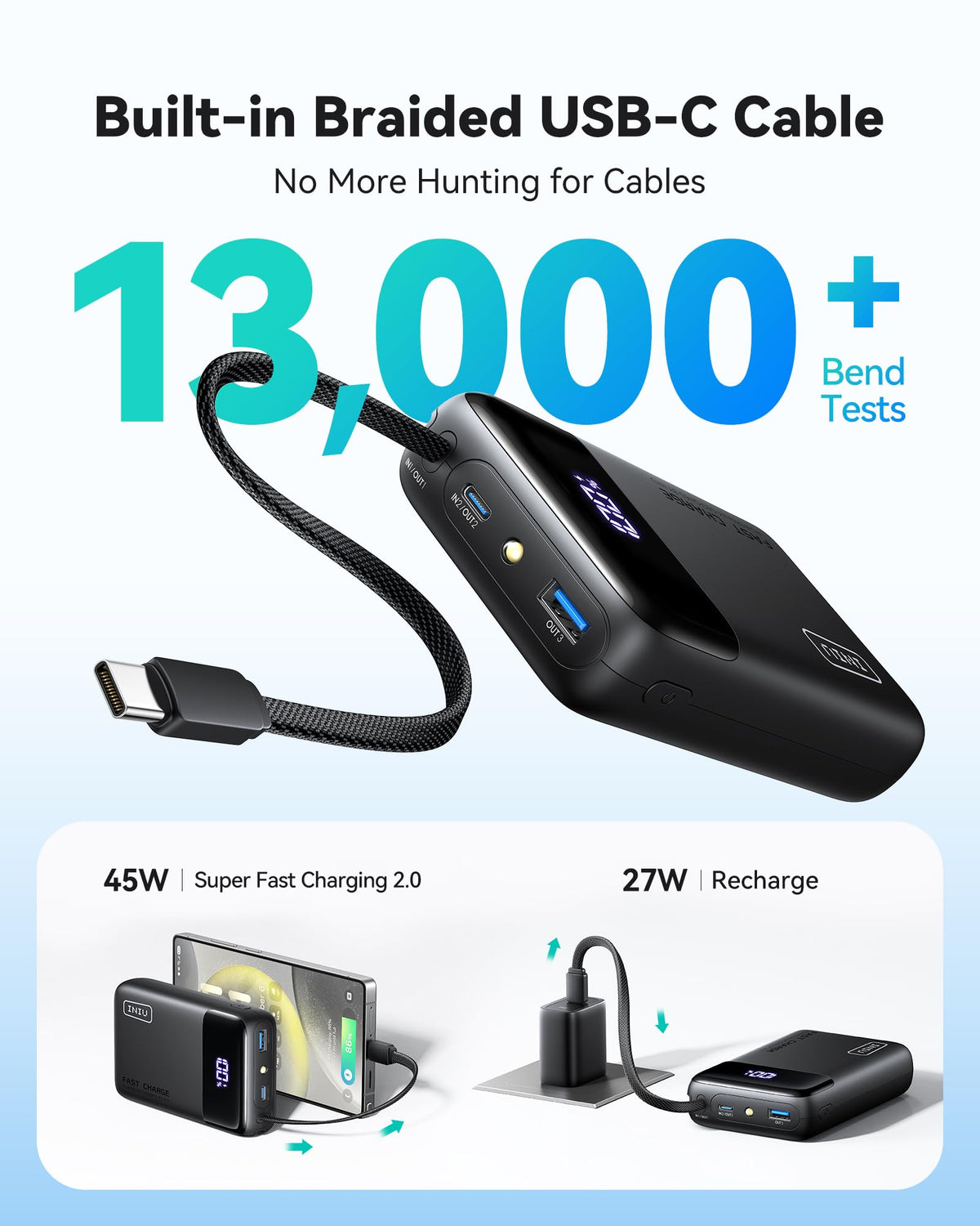 INIU Portable Charger, Smaller 45W Fast Charging Power Bank, 10000mAh Black