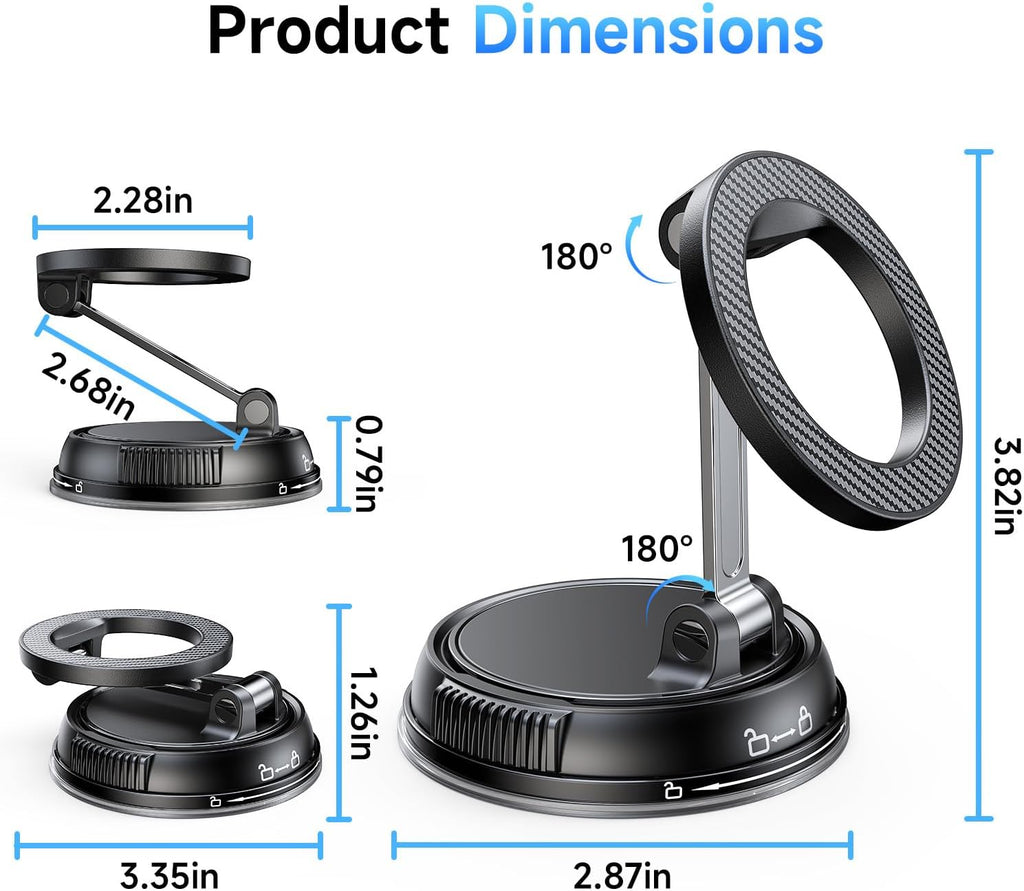 Compact Foldable Car Phone Holder for Magsafe [78+LBS Strongest Suction & 2400gf Strongest Magnetic] 360° Adjustable Car Phone Mount, Phone Holders for Your Car for iPhone 18-12 Pro Max (Carbon Fiber)