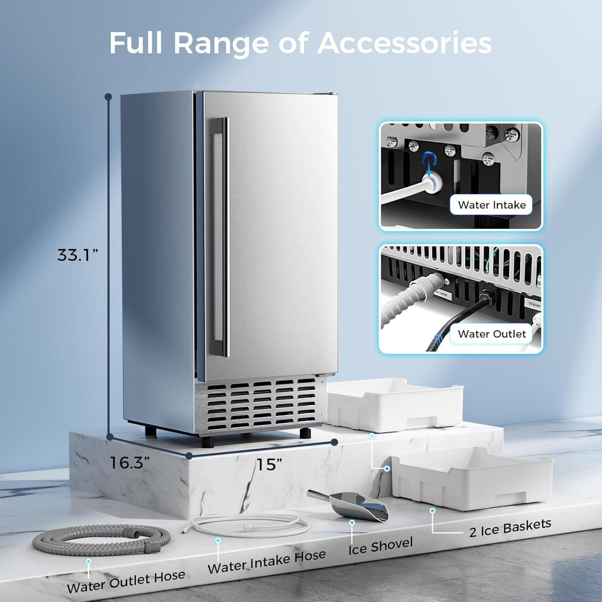 Kismile 80 lbs/Day Under Counter Nugget Ice Maker, Dual Ice Baskets, Silver