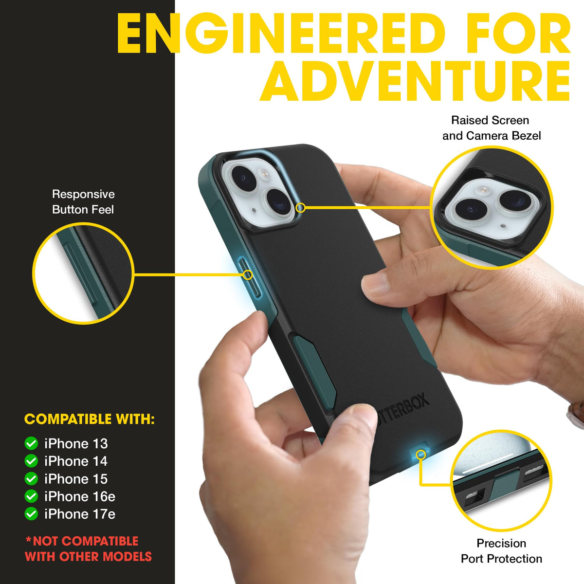 OtterBox iPhone 17e, 16e, 15, 14, & 13 Commuter Series Case - Black, Slim & Tough, Pocket-Friendly, with Port Protection - Thin & Protective iPhone Case, Dual-Layer, Impact Absorbing iPhone Case