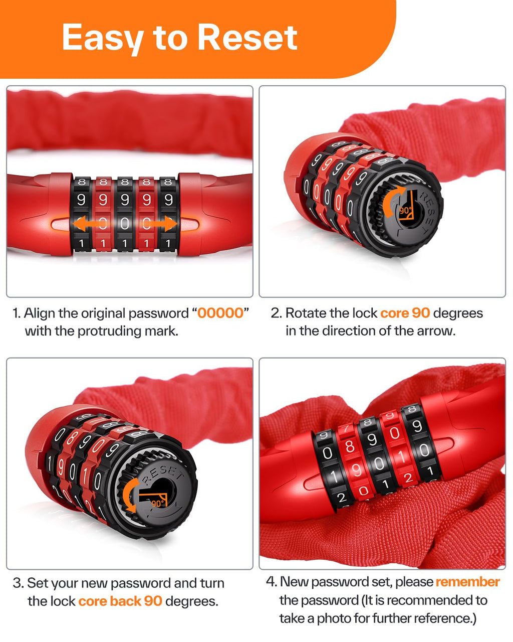 Sportneer Bike Lock: 5 Digit Combination High Security Anti Theft Bike Chain Lock - 3.2/3.6/4ft Heavy Duty Keyless Bicycle Lock for Bike, Motorcycle, Scooter, Door & Gate - 4/6mm Thick, Easy to Use