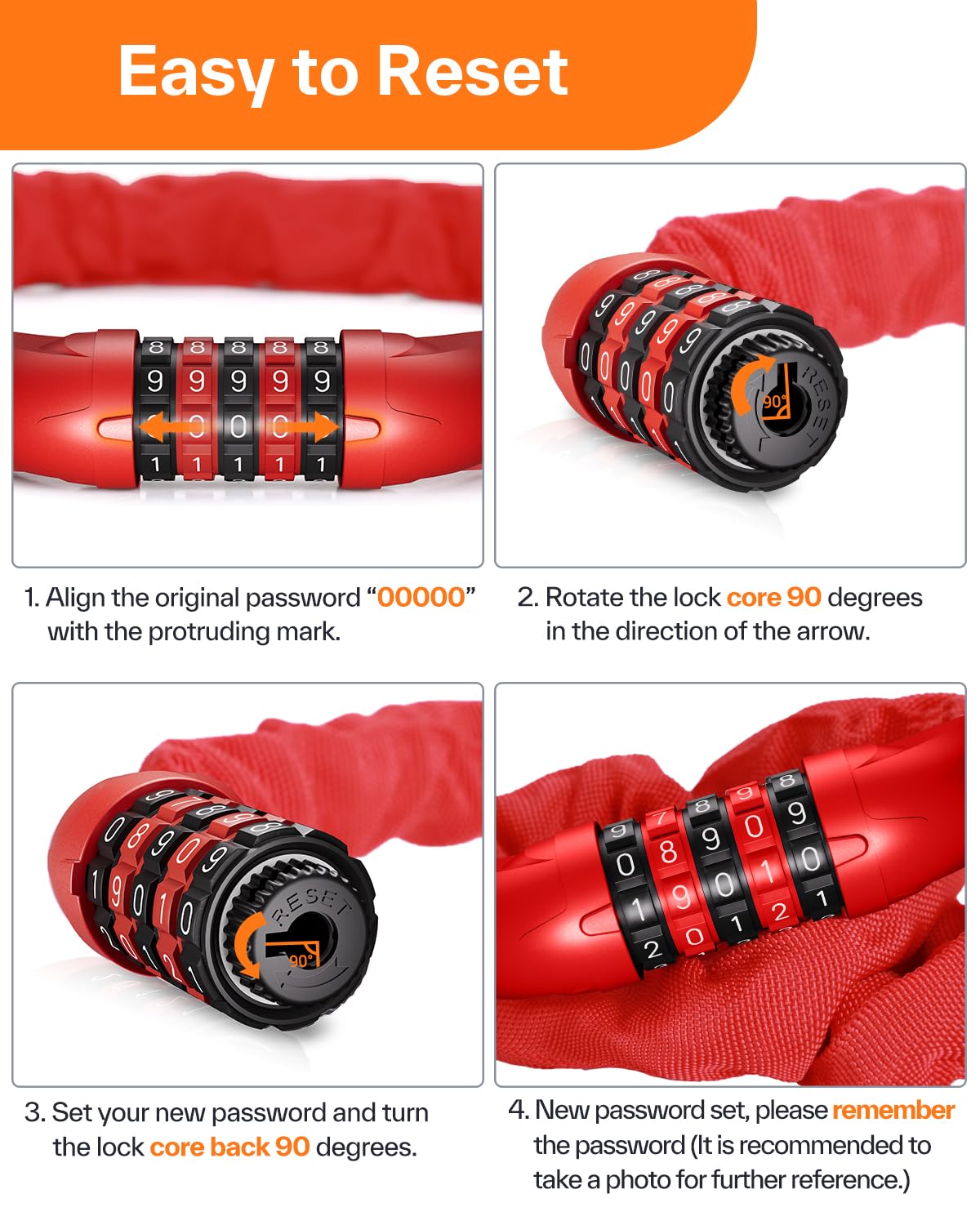 Sportneer Bike Lock: 5 Digit Combination High Security Anti Theft Bike Chain Lock - 3.2/3.6/4ft Heavy Duty Keyless Bicycle Lock for Bike, Motorcycle, Scooter, Door & Gate - 4/6mm Thick, Easy to Use