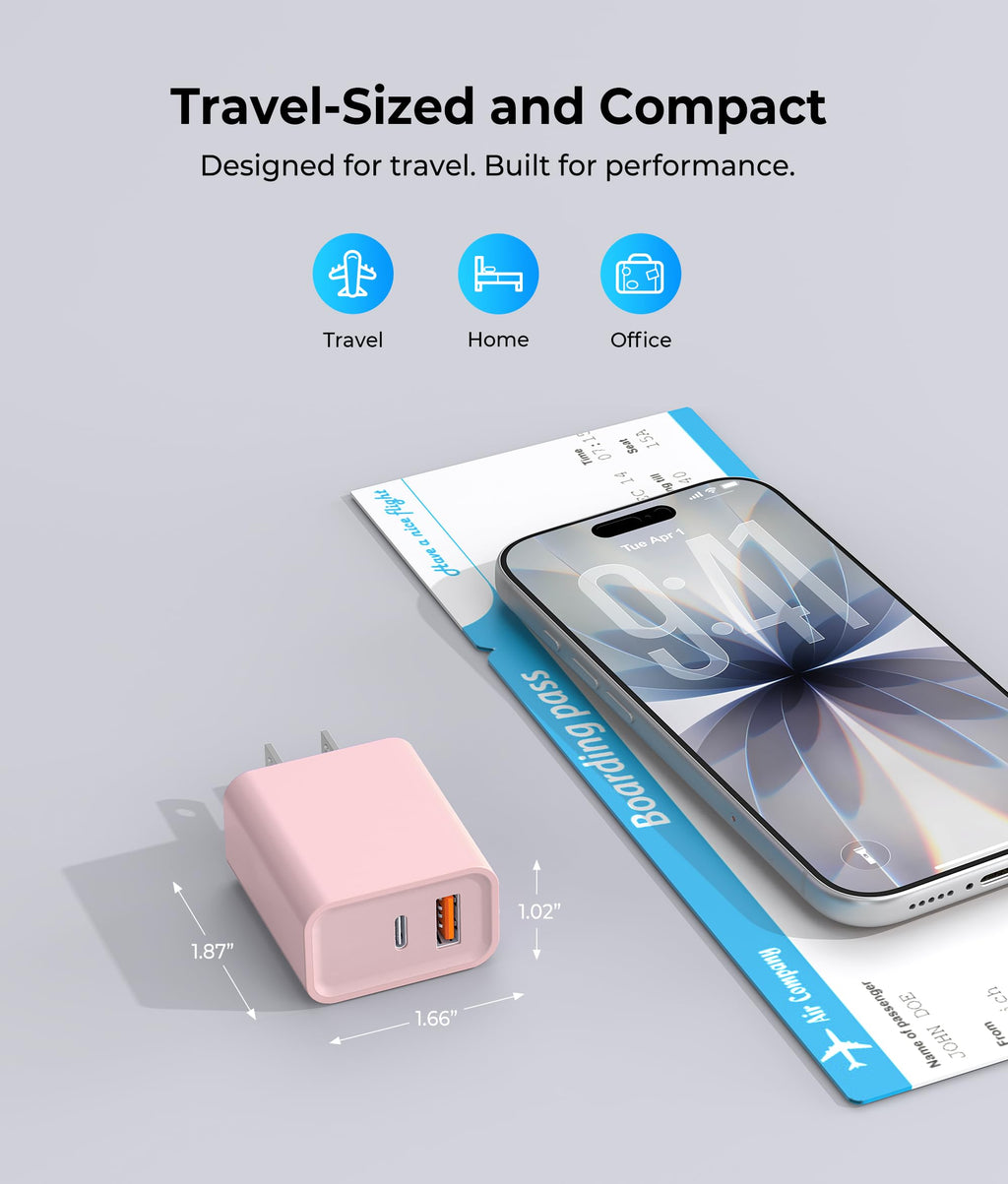 [2 Pack] 20W USB C Charger Block, Fast Charging Dual Port Wall Charger