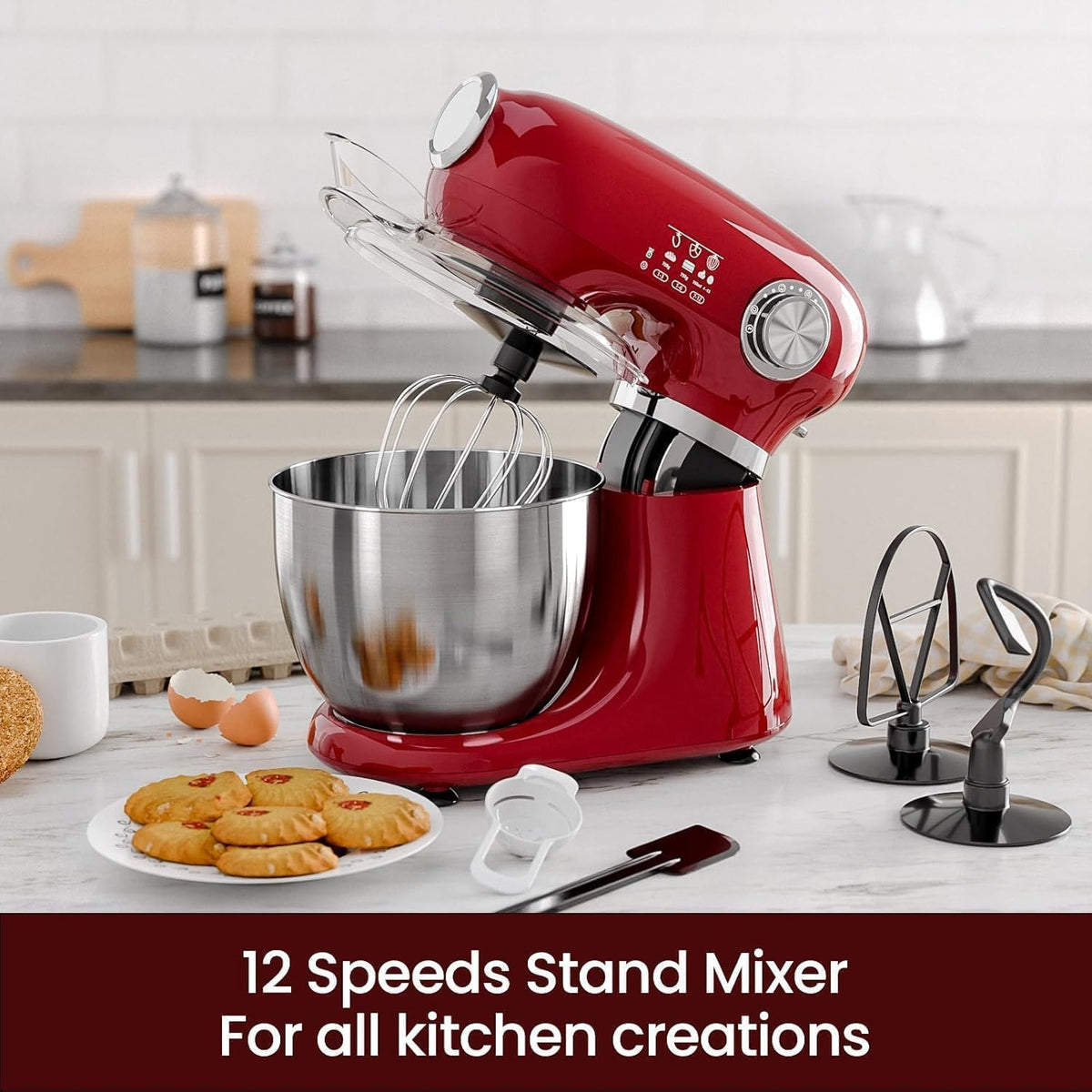Kismile 5.5QT 12-Speed Electric Stand Mixer, Tilt Head Kitchen Mixer, Red