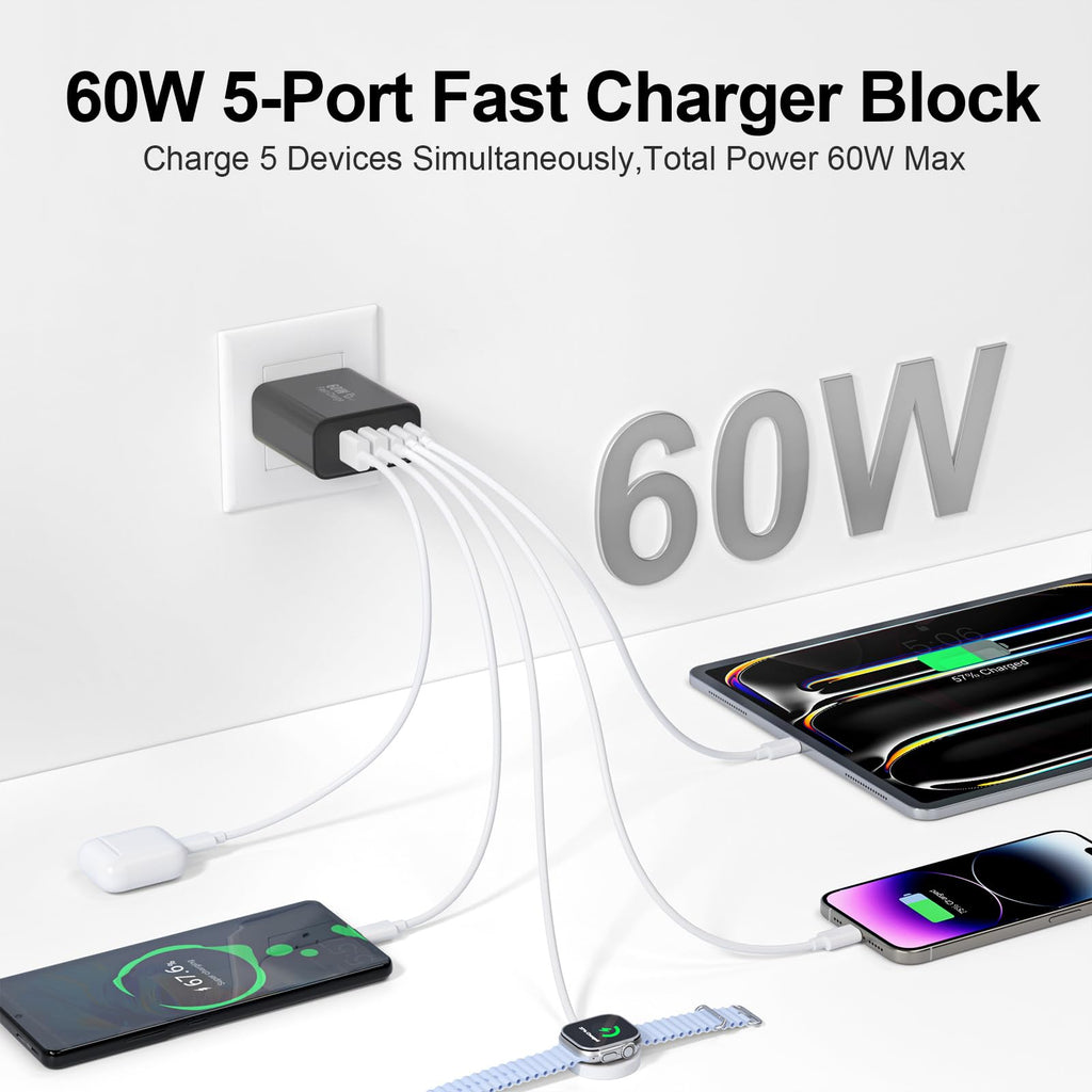 USB C Charger Block, 60W 5-Port Type C Charger Fast Charging Blocks