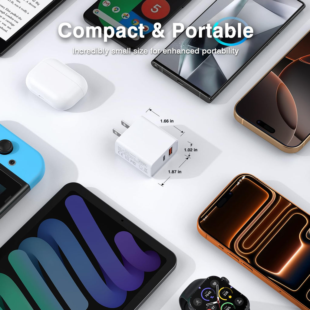 [2 Pack] 20W USB C Charger Block, Fast Charging Dual Port Wall Charger