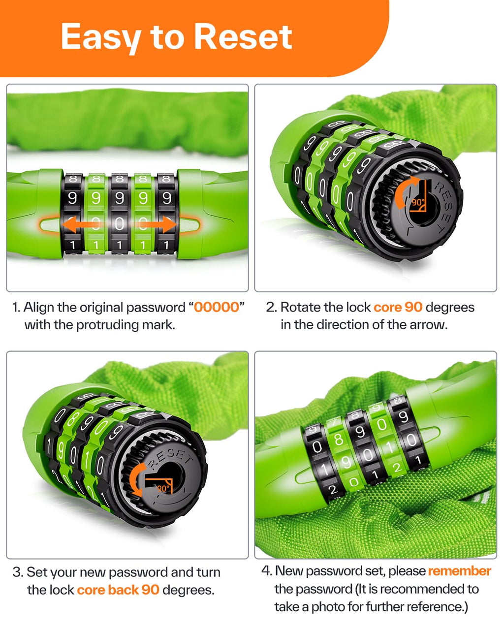 Sportneer Bike Lock: 5 Digit Combination High Security Anti Theft Bike Chain Lock - 3.2/3.6/4ft Heavy Duty Keyless Bicycle Lock for Bike, Motorcycle, Scooter, Door & Gate - 4/6mm Thick, Easy to Use