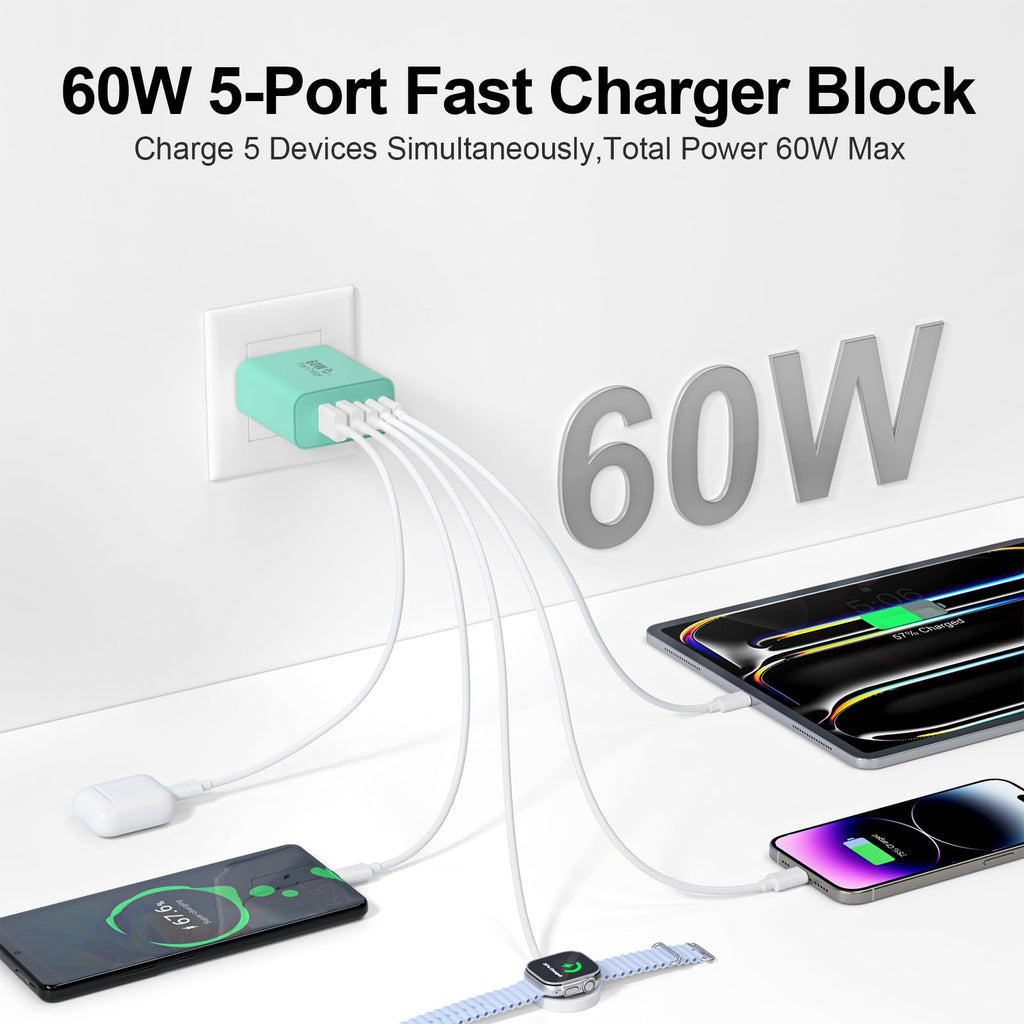 USB C Charger Block, 60W 5-Port Type C Charger Fast Charging Blocks