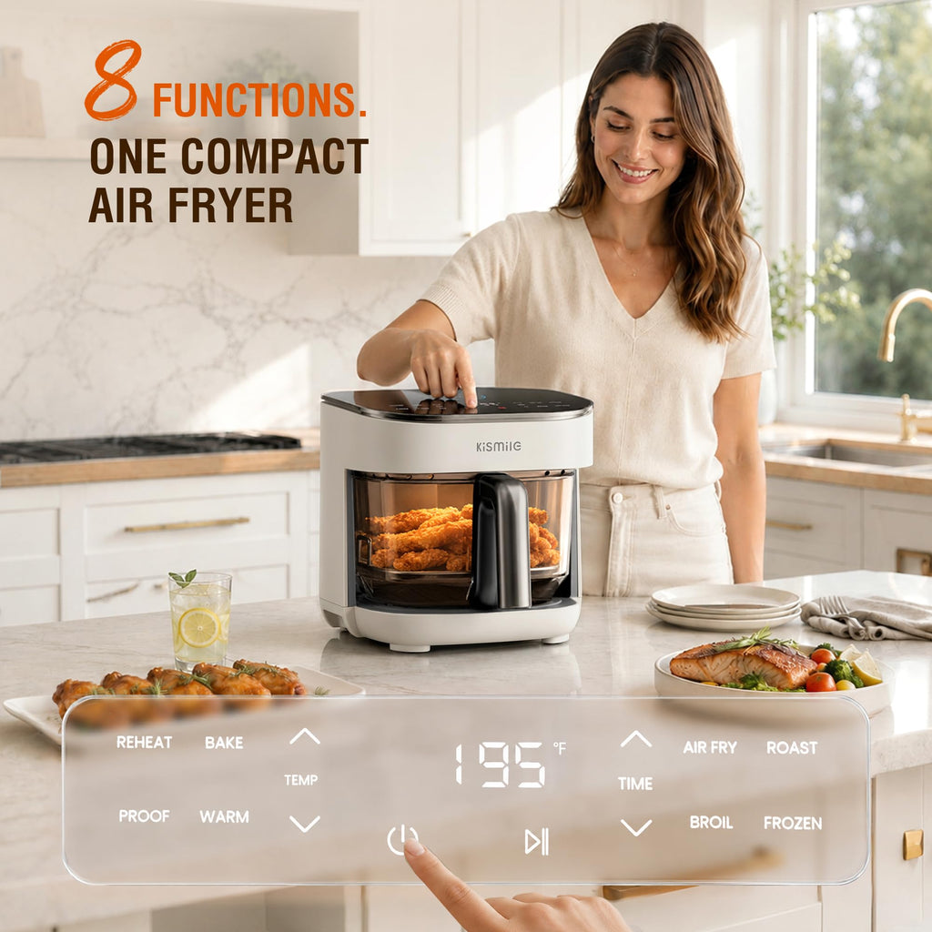 Kismile AeroLucen 5 QT Glass Air Fryer, No Preheat, 8-in-1, 450°F