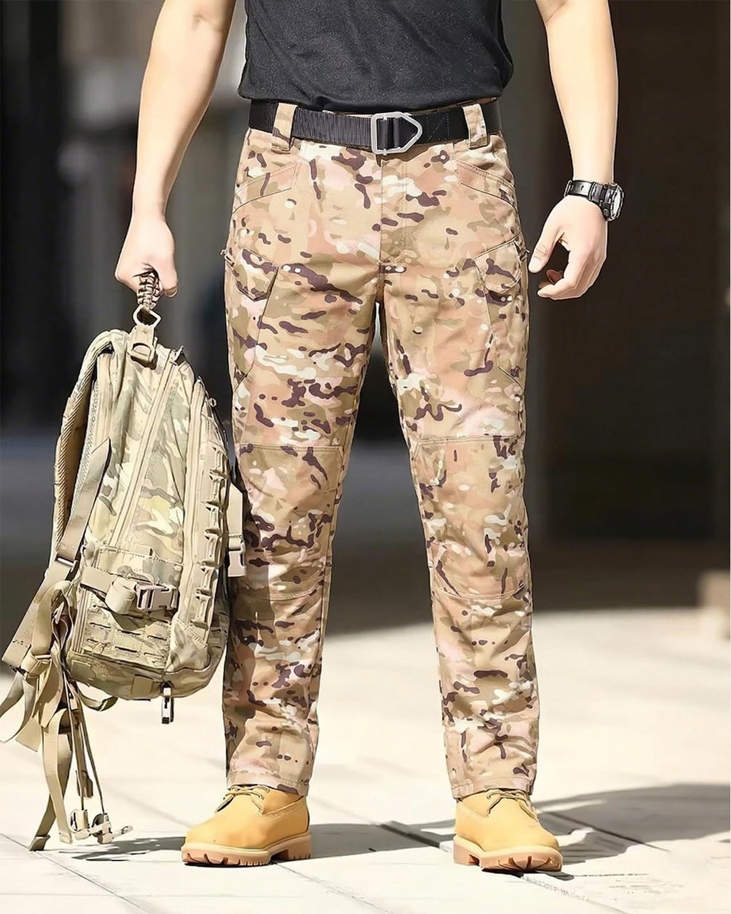 Men's Tactical Pants Stretch Waterproof Fabric Durable Cargo Pants for Hiking Casual Work Multi Pockets (No Belt)