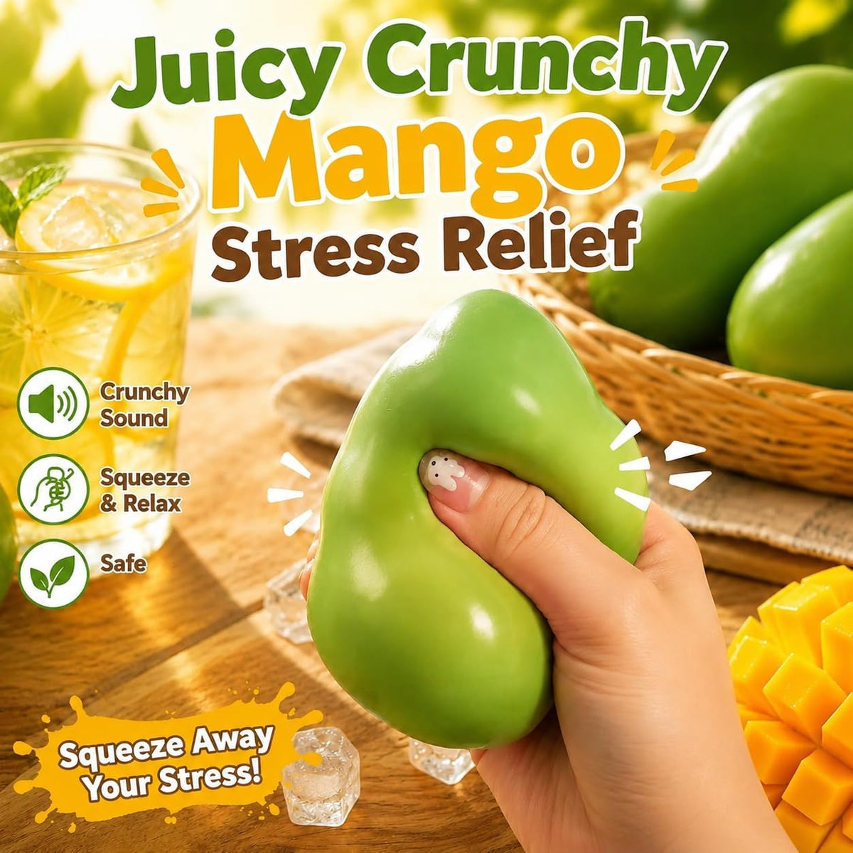 Crunchy Mango Squishies ASMR Toy, Bead Filled Realistic Bar Stress Ball