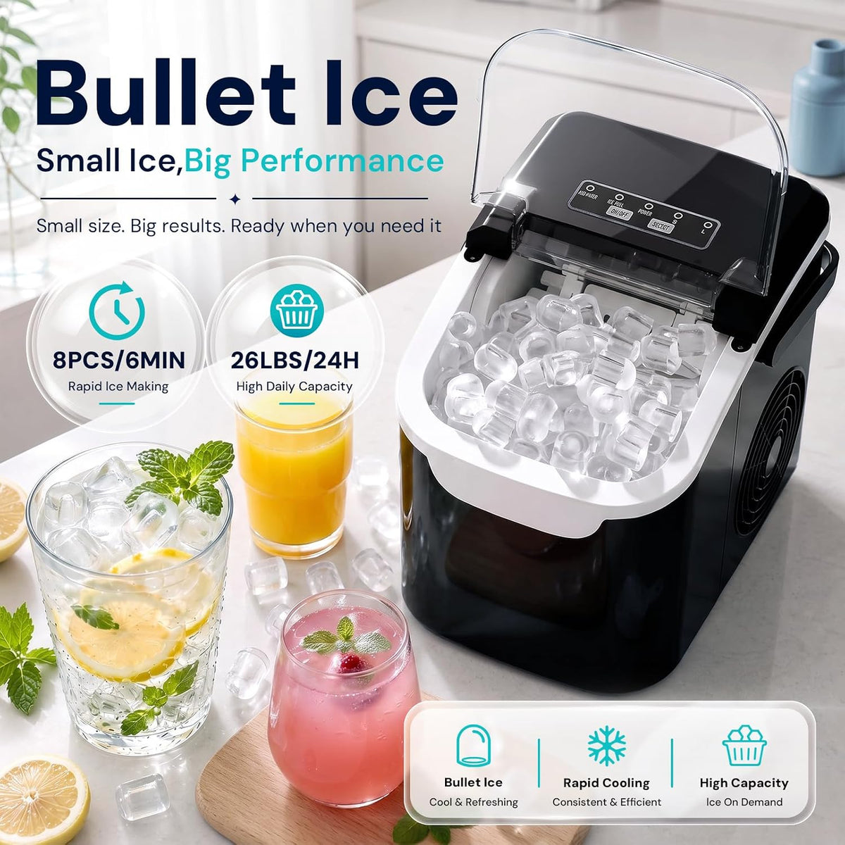 Kismile Countertop Ice Maker Machine, 26Lbs/Day Fastest 6‑Min Ice