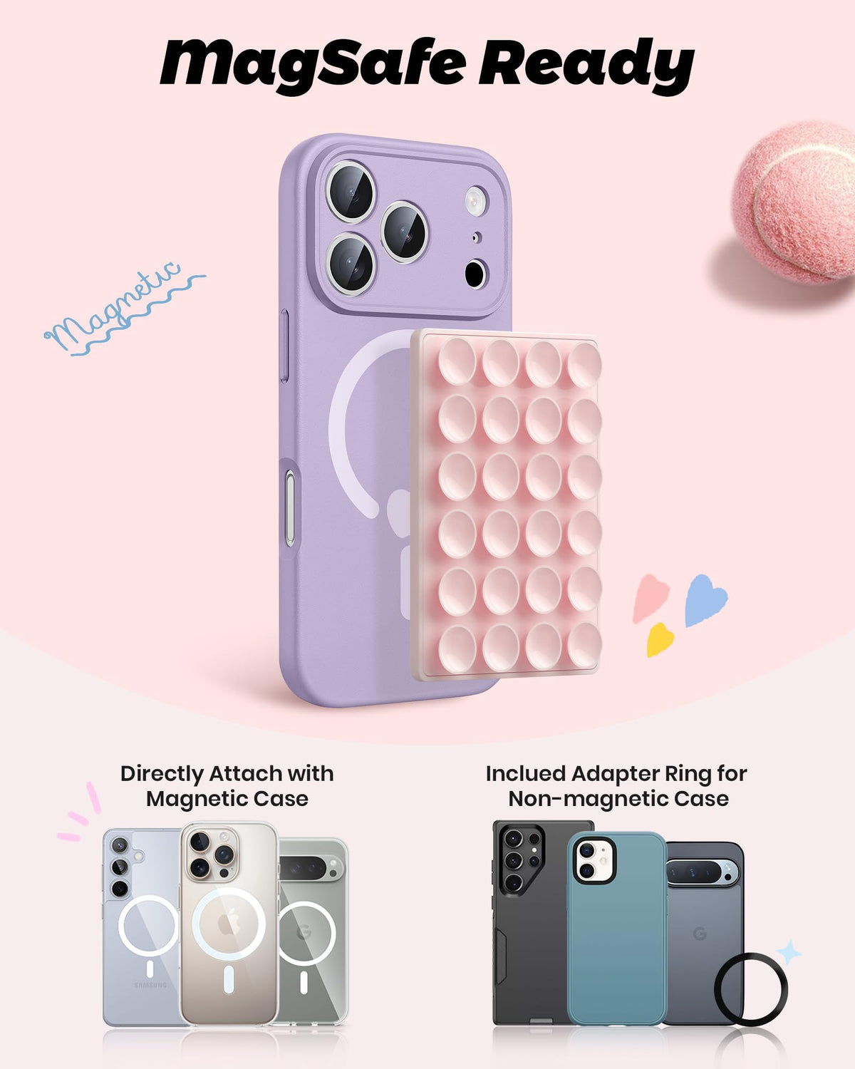 amBand Magnetic Sticky Phone Suction Grip for MagSafe, Removable for Wireless Charging, Durable Magnet Silicone Portable Mount Stand for iPhone 18 17 16 15 14 13 Series, Hands-Free Video/Selfie, Black
