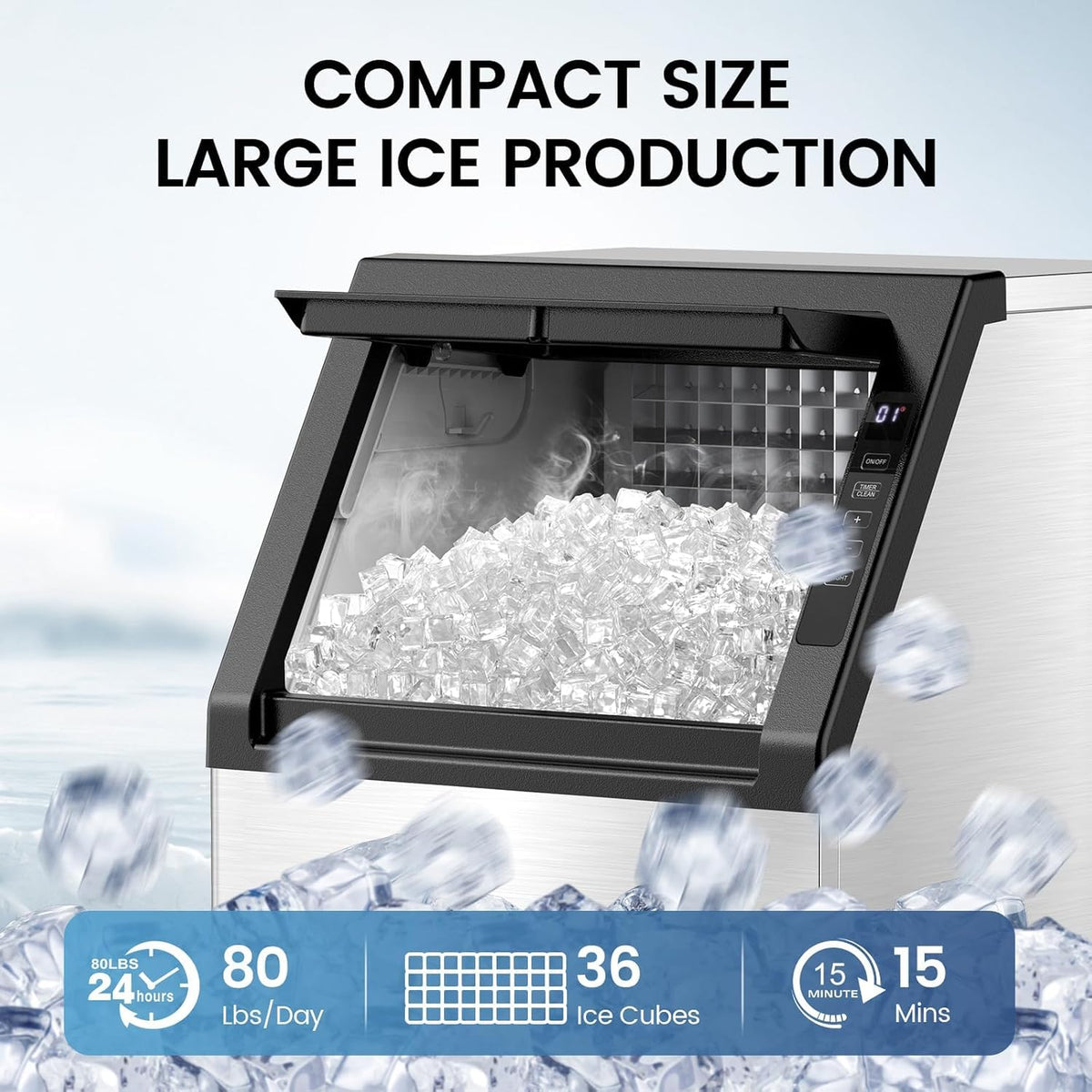 Kismile Commercial Ice Maker 100 lb/24 Hour, Stainless Steel Undercounter Ice Maker, 15 kg Capacity, Self-Cleaning Freestanding Ice Maker Suitable for Home Bars