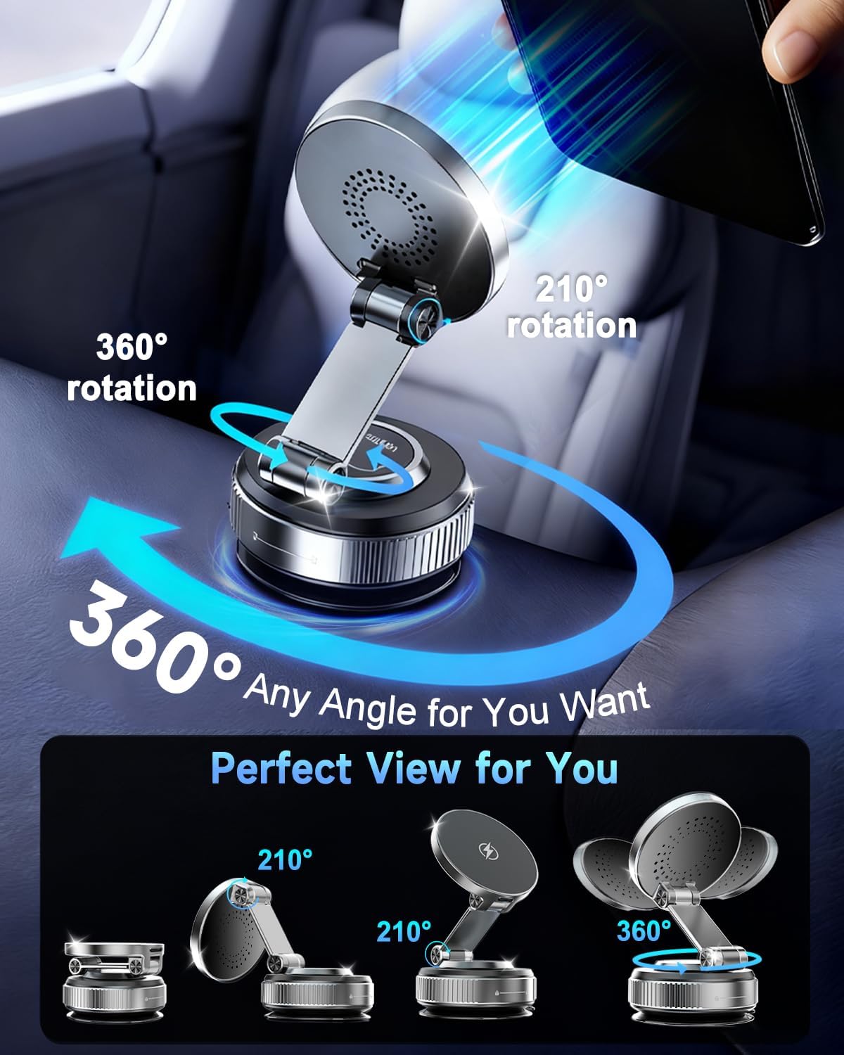 for MagSafe Car Mount Charger, 15W Fast Charging Magnetic Wireless Car Charger, Vacuum Magnetic Phone Holder [120LBS Ultra Suction Cup & 3000gf Magnet ] 780° Dashboard Car Bracket for iPhone & Android