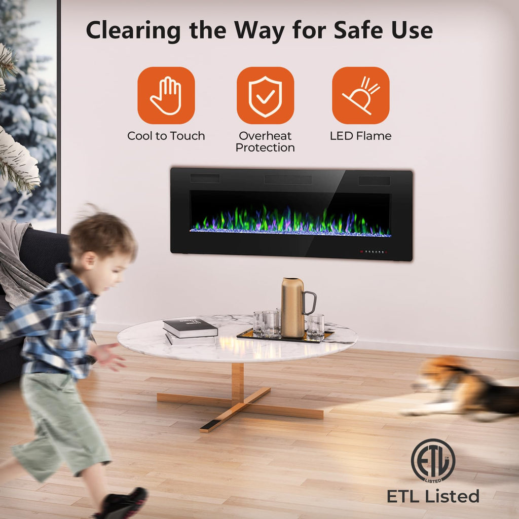 Crzoe 42 Inch Electric Fireplace Insert, in-Wall Recessed and Wall Mounted Heater with Timer, Control by Touch Panel and Remote, Adjustable Flame Color and Speed, 750W/1500W