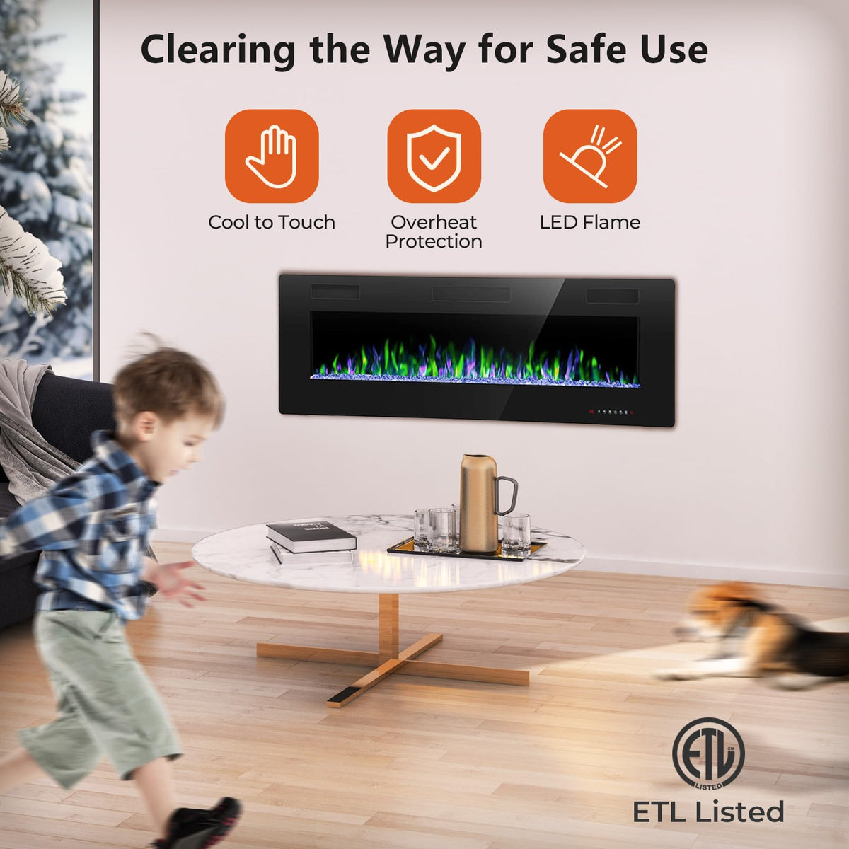 Crzoe 42 Inch Electric Fireplace Insert, in-Wall Recessed and Wall Mounted Heater with Timer, Control by Touch Panel and Remote, Adjustable Flame Color and Speed, 750W/1500W