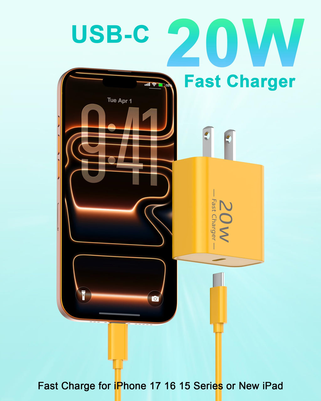 iPhone 18 17 16 15 Charger Fast Charging 10FT 20W USB C Charger Block Cable