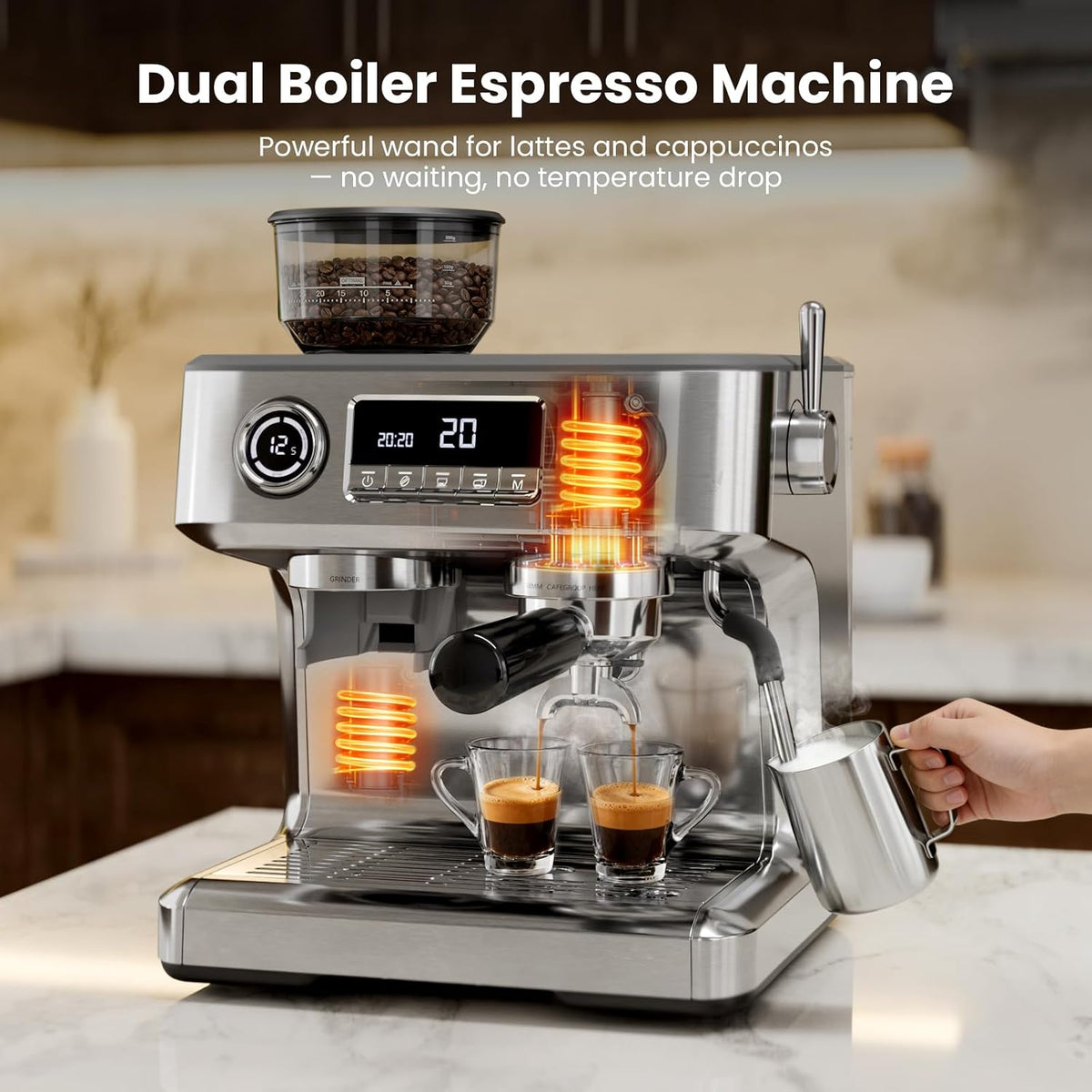 Kismile 20 Bar Dual Boiler Espresso Machine with Grinder & Milk Steamer