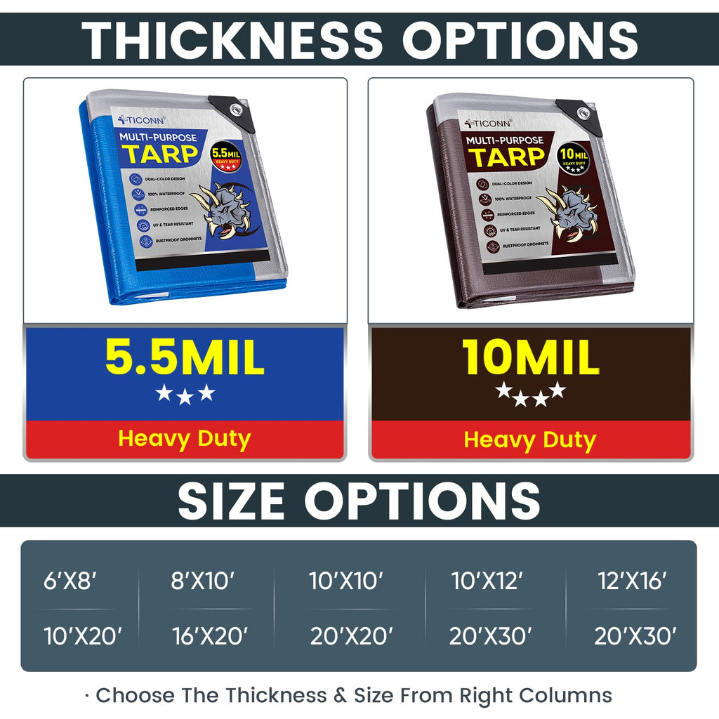 TICONN Heavy Duty Tarp Cover Waterproof, Extra Thick UV Resistant Tarpaulin