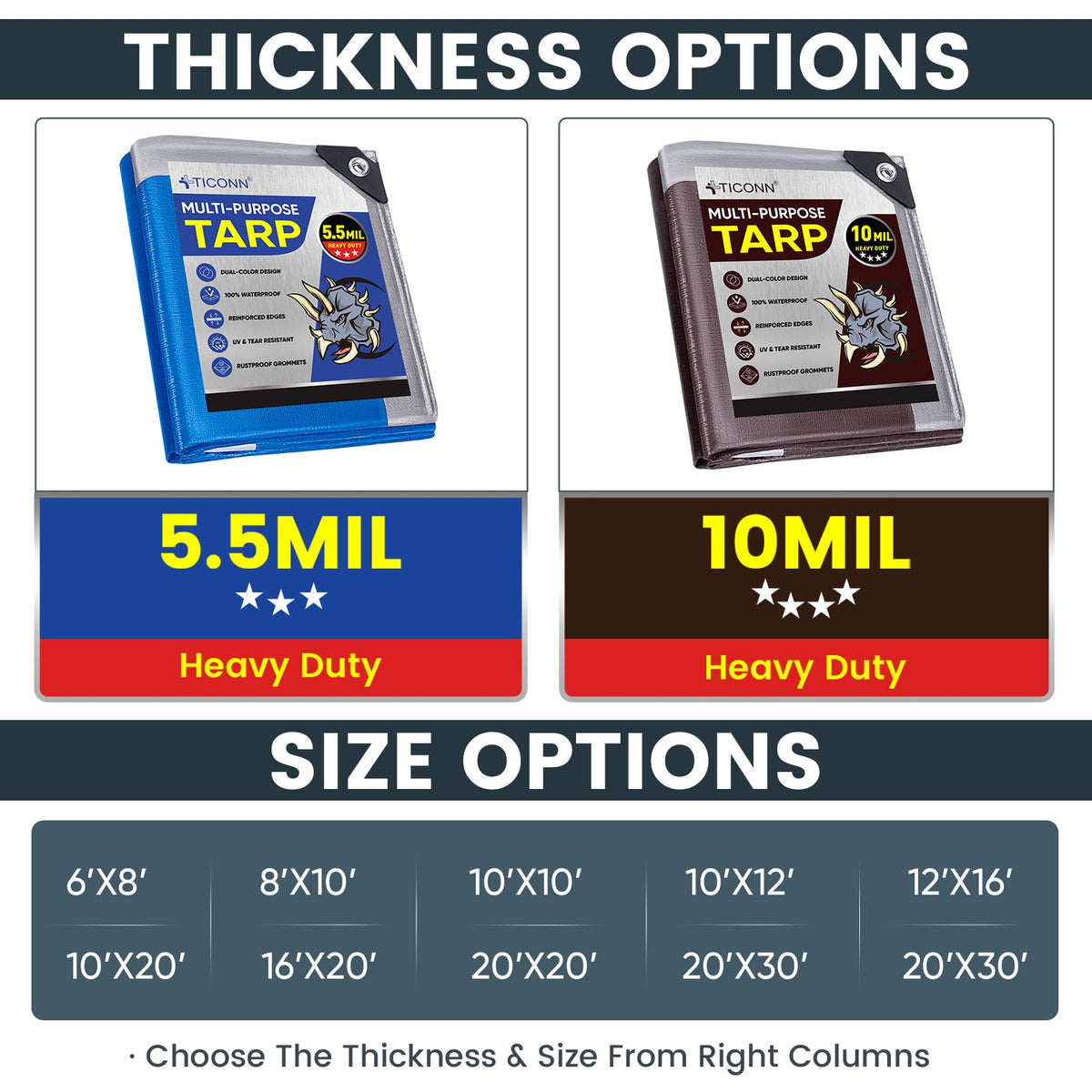 TICONN Heavy Duty Tarp Cover Waterproof, Extra Thick UV Resistant Tarpaulin