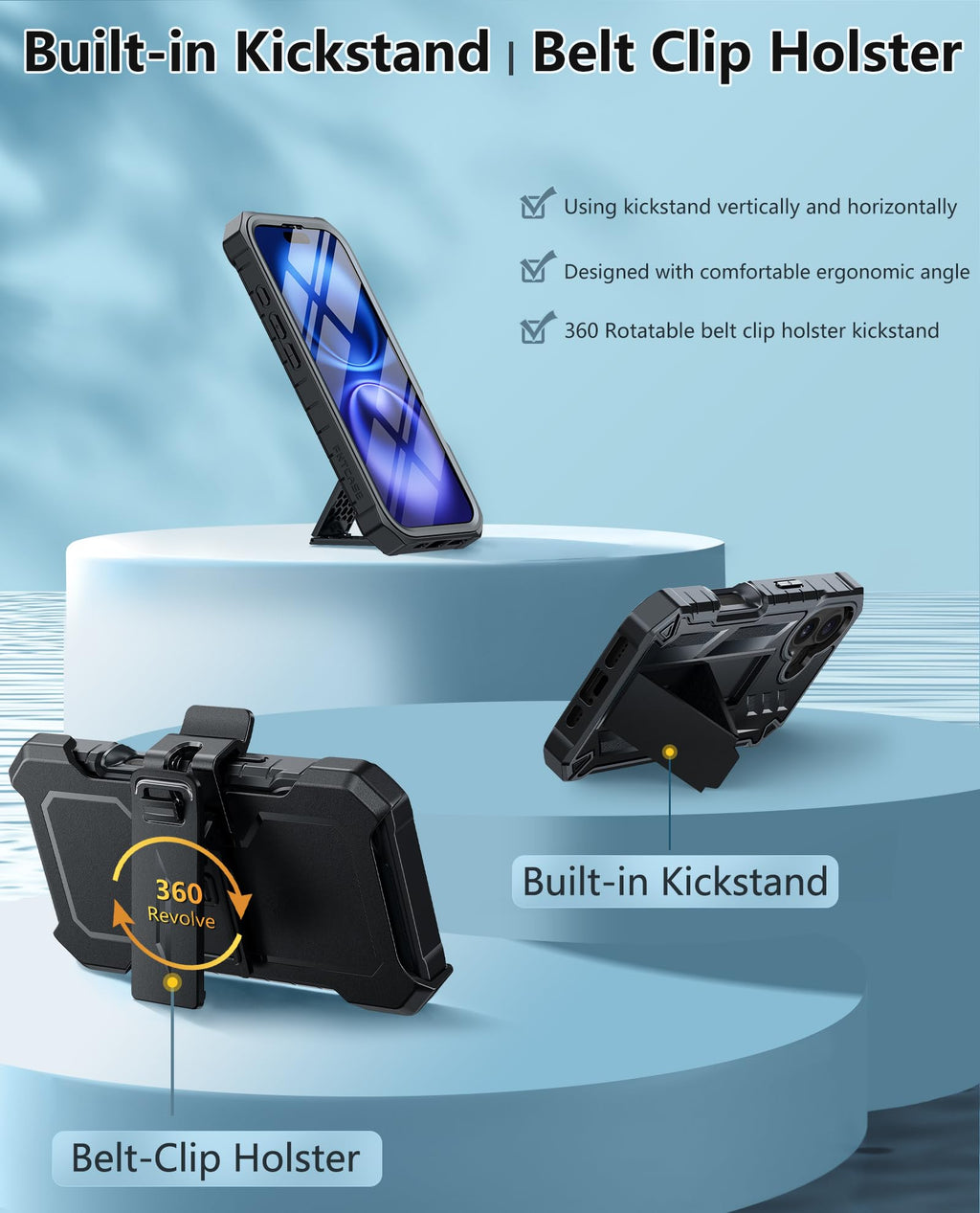 FNTCASE for iPhone 16 Case, with Belt Clip, with Built-in Screen Protector