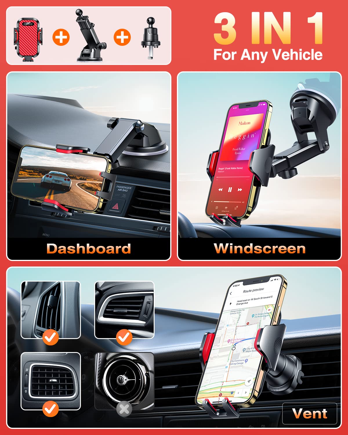 VANMASS Car Phone Holder 2026 Ultimate Military-Grade Strongest Suction & Clip Windshield Dashboard【Newest Best Strongest】 Cell Phone Automotive Dash Gauge Accents for iPhone 18 Pro Max 17 16 15 14
