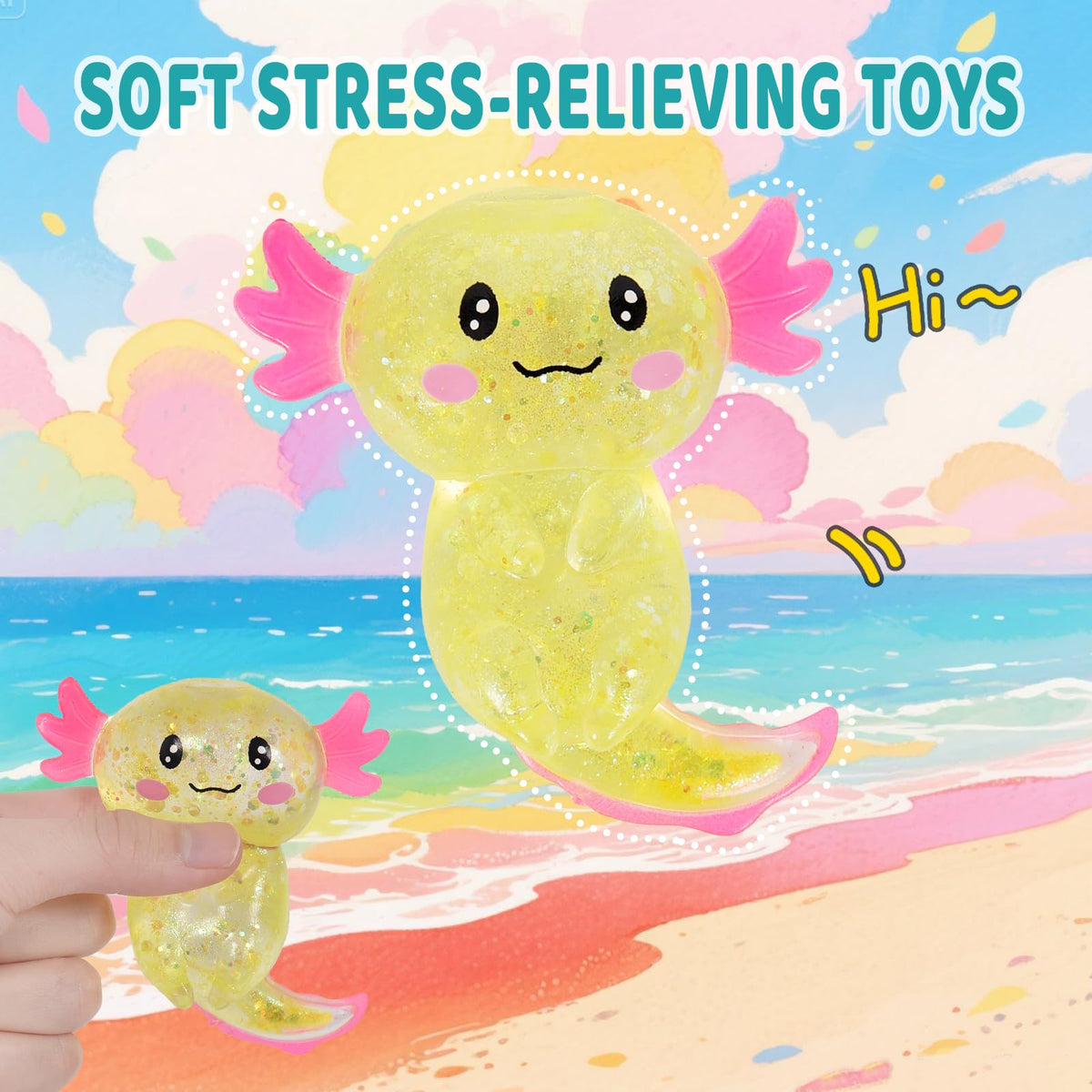 Axolotl Squishy Toy Squeeze Stress Relief Fidget Sensory Toy for Kids Adults, Cute Handheld Stress Ball for Anxiety and Focus, Purple Big Ears(Pink)
