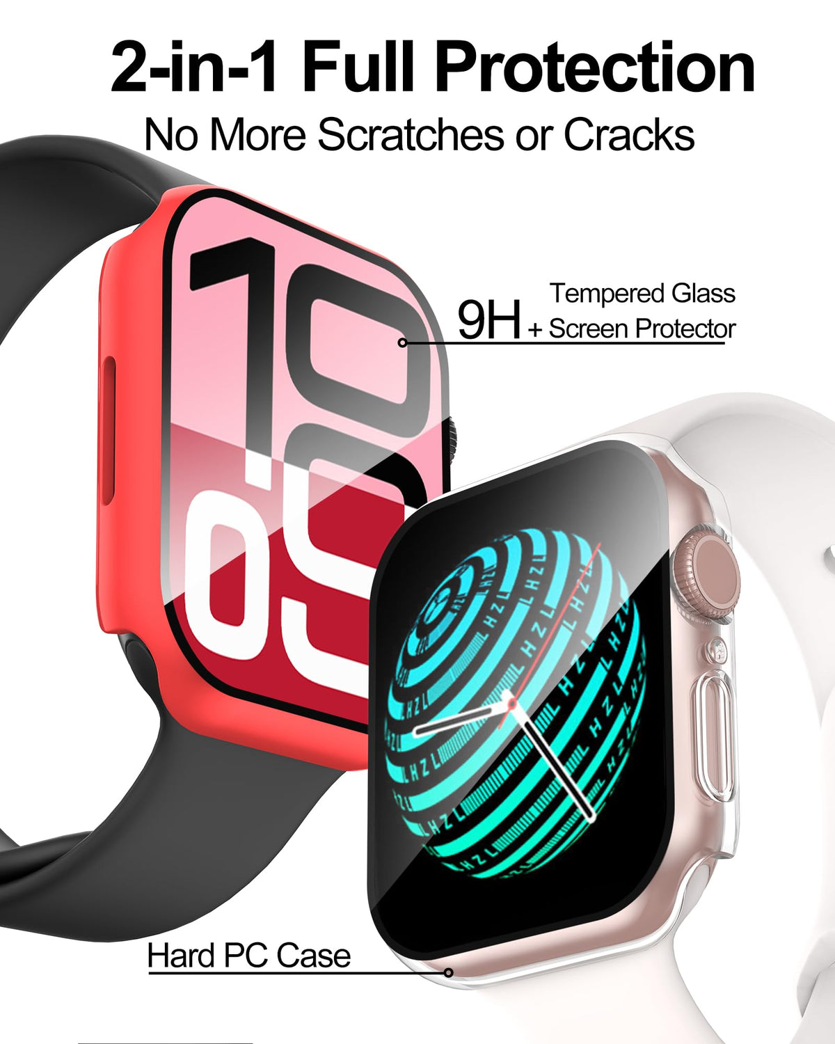 Smiling 2 Pack Case Compatible with Apple Watch Series 9/8/7 41mm with Tempered Glass Screen Protector, Hard PC Case Overall Protective Cover- 1 Silver + 1 Transparent