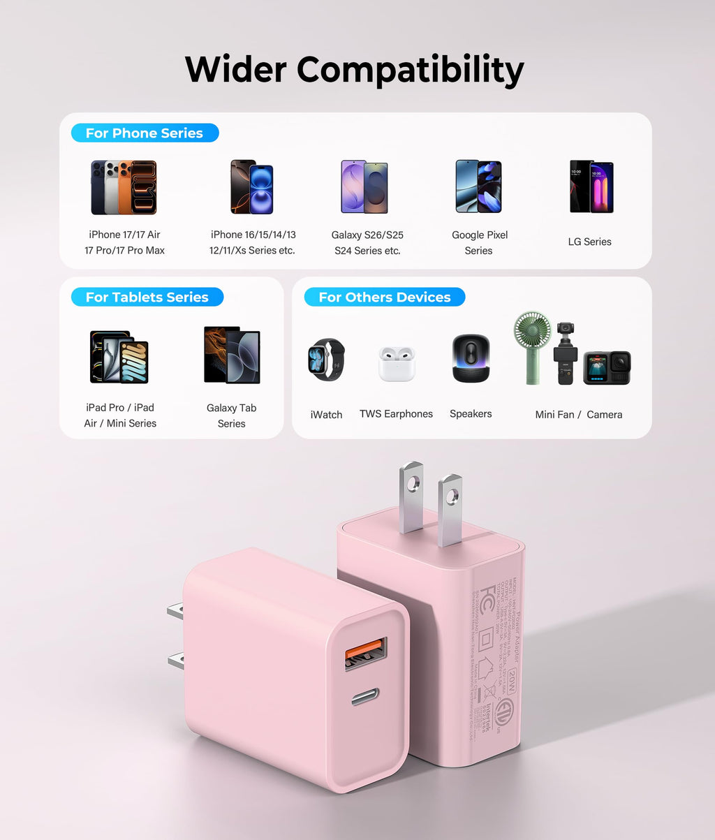 [2 Pack] 20W USB C Charger Block, Fast Charging Dual Port Wall Charger