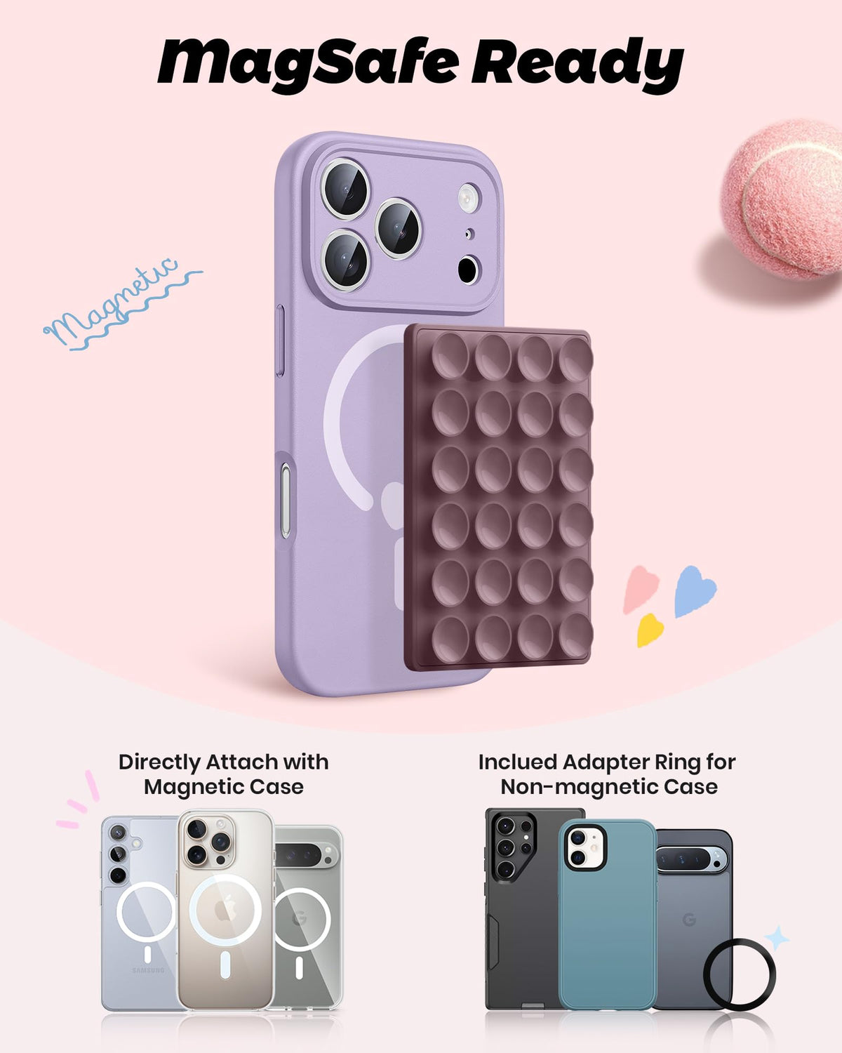 amBand Magnetic Sticky Phone Suction Grip for MagSafe, Removable for Wireless Charging, Durable Magnet Silicone Portable Mount Stand for iPhone 18 17 16 15 14 13 Series, Hands-Free Video/Selfie, Black