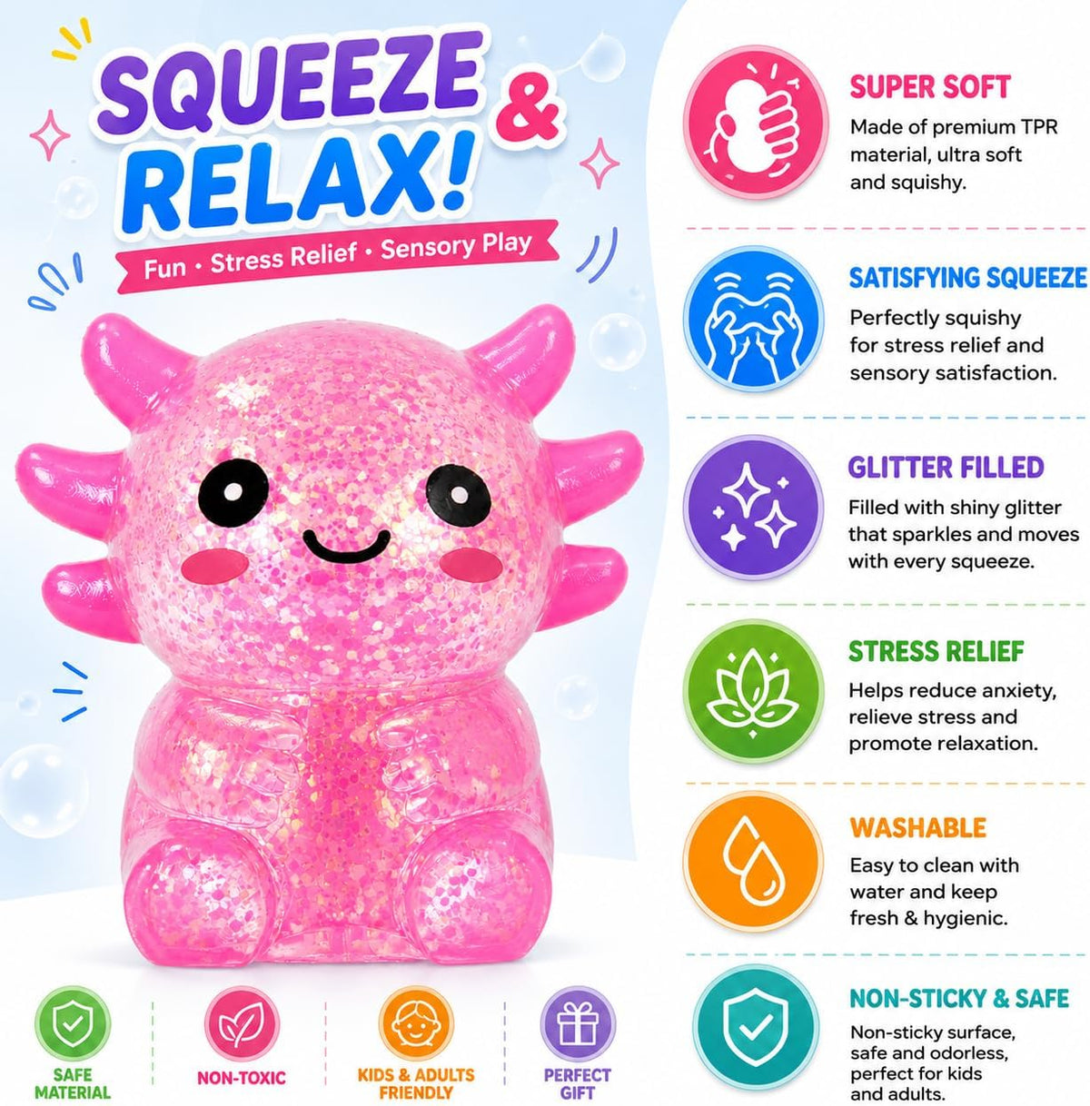 Axolotl Squishy Stress Ball, Soft Slow Rising Sensory Toy